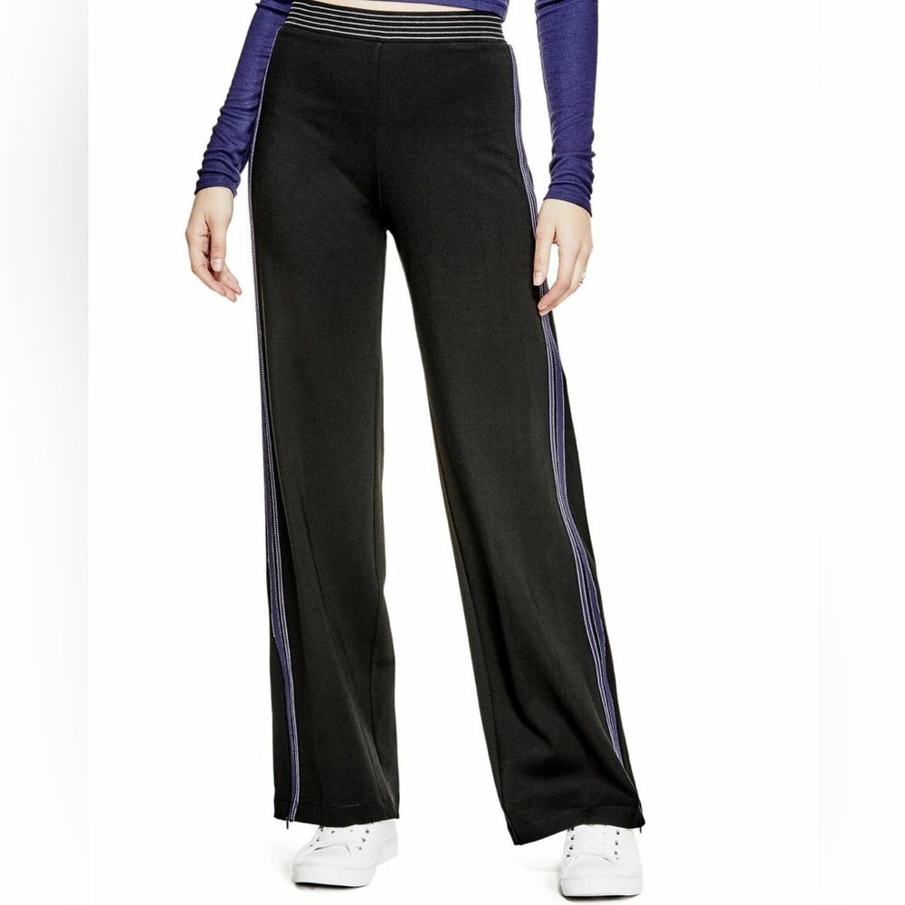 Guess Black Wide-Leg Pants with Blue Accent Stripes